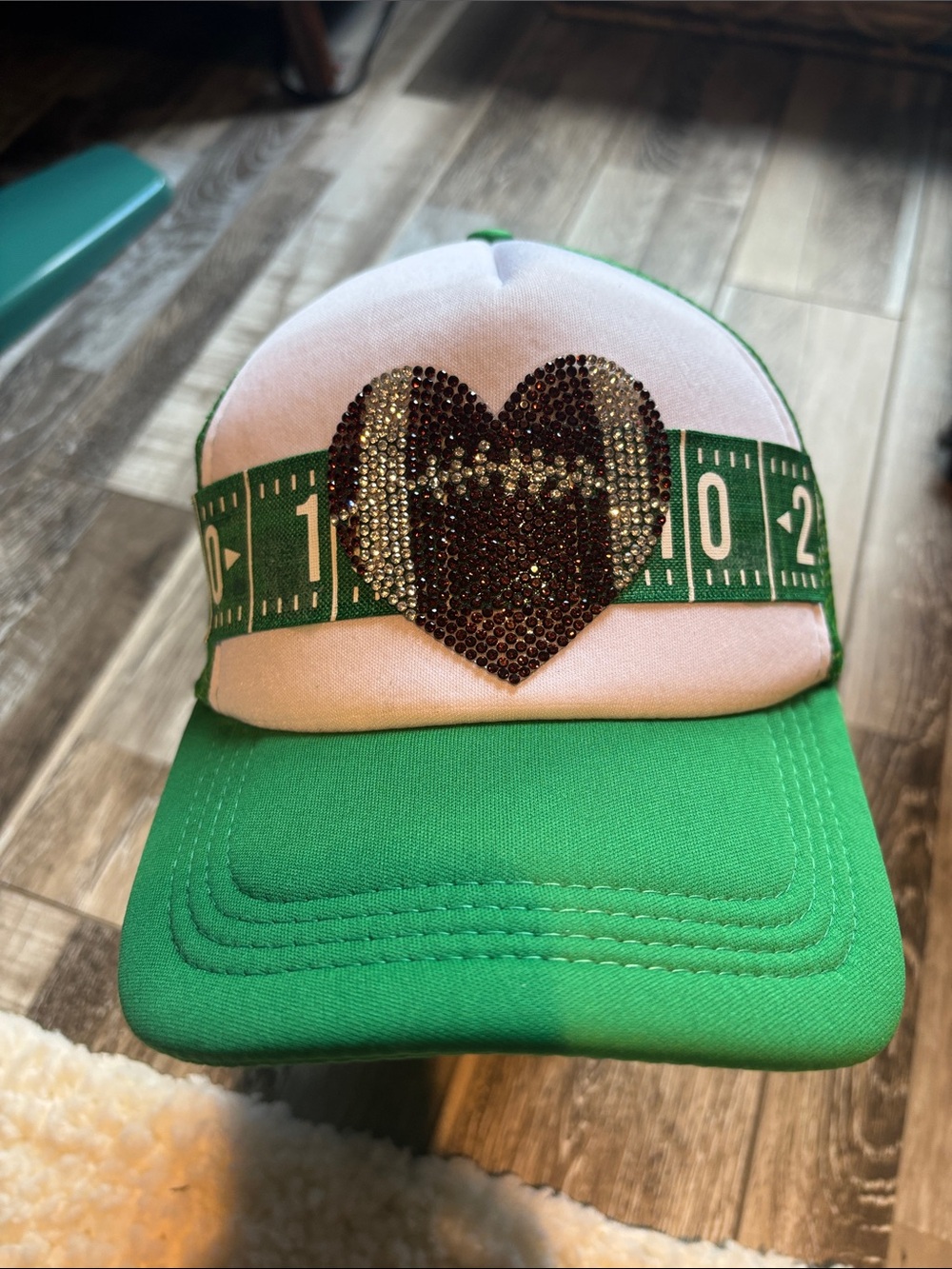 HAT BAR Trucker Green and White womens cap with Rhinestone Heart Football Accent